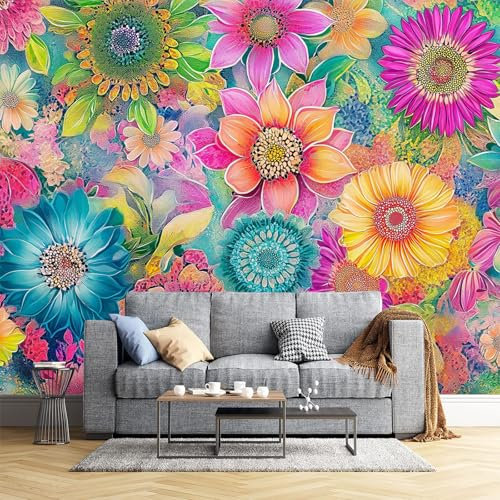 Papel Pintado Pared Flores Bohemias Fotomurales 3D Tv Fondo Pared Moderno Dormitorio Murales, 380x280cm - 7 partes Fotografía, Flores Coloridas