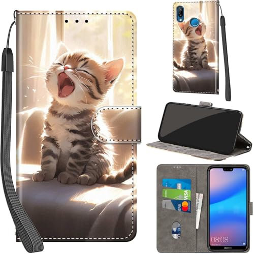 Handyhülle für Huawei P20 Lite Hüllen Premium Leder Case Klappbar Wallet Magnet Kartenfach Standfunktion Schutzhülle kompatibel mit Huawei P20 Lite Cover,Katze