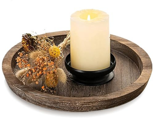 Candle Tray, Rustic Candle Plate Round Wooden Tray Farmhouse Candle Holder Tray for Pillar Candles Kitchen Table Display Home Decor (28,5cm)