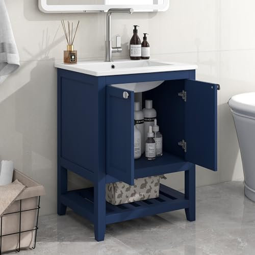A ALFRESCOOL Mueble de baño individual con armario bajo 60 cm con lavabo de cerámica, color azul