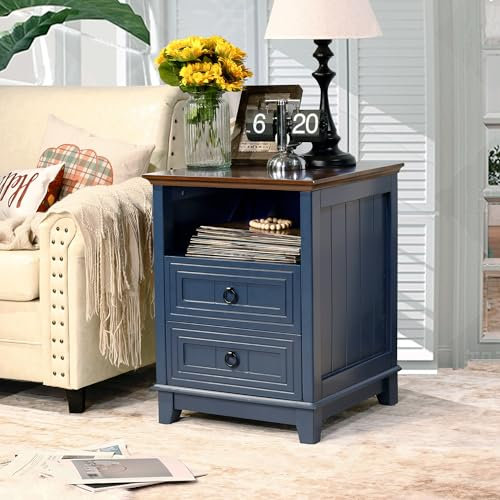 BEROXII Farmhouse Nachttisch, 61 cm, Holz-Couch-Beistelltisch mit 2 Schubladen und offenem Regal, rustikaler Beistelltisch für Schlafzimmer und Wohnzimmer, platzsparender Nachttisch (blau)