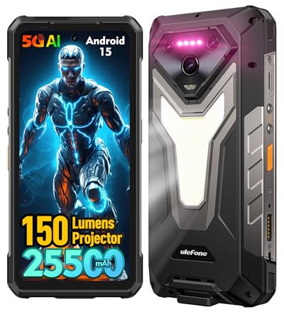 Ulefone Armor 34 Pro IA Smartphone Incassable 5G, Android 15 Téléphone Portable avec 150-lumens Projecteur, 25500mAh, 32Go+512Go Dimensity 7300, 6,95FHD+/120Hz, 64MP Vision Nocturne/Camping Lampe/OTG