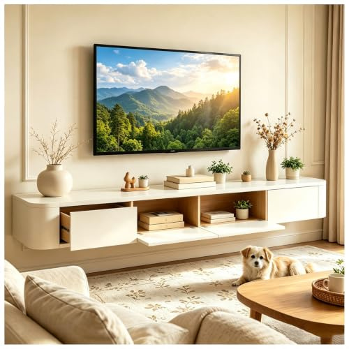 JUNFUNNLE TV Lowboard Hängend 300cm Weiß, Schwebender TV Schrank für Wohnzimmer, Modernes TV Board Hänge mit 2 Schubladen 2 Klappen Türen, Wandmontage TV Möbel (Bereits montiert)