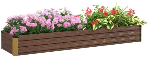 Outsunny Galvanised Raised Bed for Garden, 240 x 60 cm, Dark Brown | Rectangular Elevated Planter Box, Safety Edging, Open Bottom, for Growing Flowers, Herbs and Vegetables
