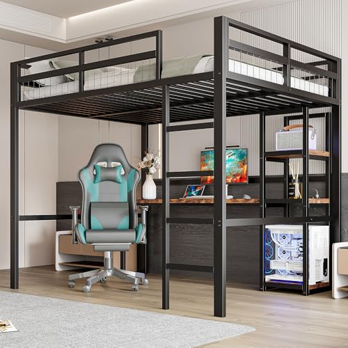 Huayz Hochbett Metall 140x200 cm,Schreibtisch mit Steckdose und Regal,Trittleiter,mit USB+Type-c Aufladen,für Kinder, Jugendliche und Erwachsene,Metallbett Etagenbett,ohne Matratze (Schwarz)