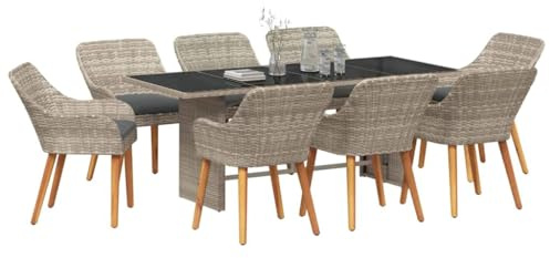 vidaXL Dining Set 9 pcs Light grey, Balcony, Rectangular, Contemporary Outdoor Dining Set, Weather Resistant Garden Table, Modern Patio and Seating Furniture
