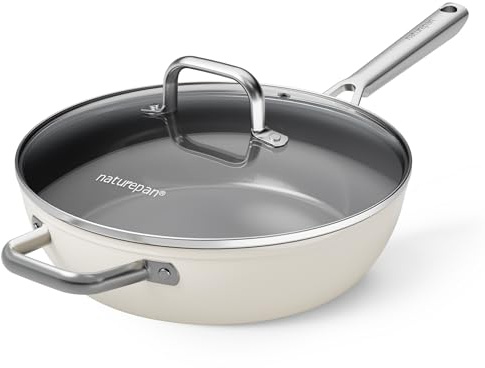 naturepan 28cm Ceramic Deep Frying Pan, Diamond-Titanium Nonstick Pan with Lid, PFAS & PTFE & PFOA Free, Stainless Steel Handle, Dishwasher/Oven Safe, Beige