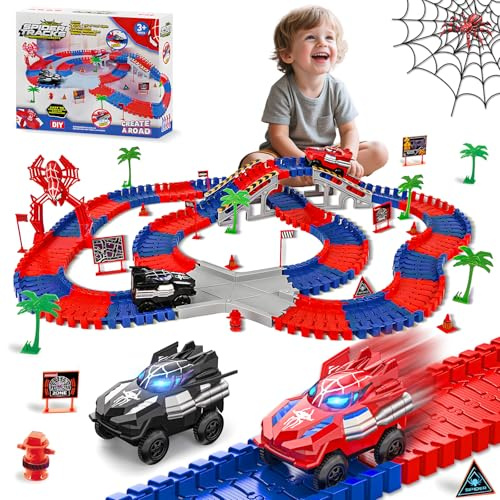 Spider Autorennbahn Set mit 2 Elektroautos, 212 Pcs Auto Rennbahn Spielzeug | Kleinkind Autobahn Flexible Track Spielset ab 3 4 5 6 7 8 Jahre Junge Mädchen, Kinder Weihnachten Geburtstag Geschenk
