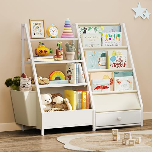 Turosur 4‑Tier Kids bookshelf, White Children Bookcase with Open Shelf | Toy Storage Organizer with Front-Facing Display, Large Fabric Drawer & Side Storage Bag for Playroom, Bedroom, Classroom