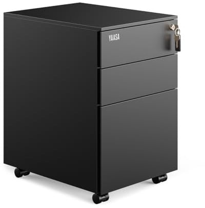 Yaasa File Cabinet Edged Standard Schwarz, Büroschrank aus Stahl, 3 Laden | 100L Stauvolumen, 3 Laden mit zentraler Verriegelung, aus hochwertigem Stahl, feststellbare Vorderräder, inkl. Stifteinsatz