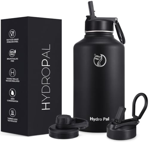 HydroPal Stainless Steel Drinking Bottle - 750 ml / 1 L / 1.2 L / 1.9 L, BPA-Free, Suitable for Carbonated Drinks, Insulated Bottle with Straw and 2 Lids (Black, 1900 ml)