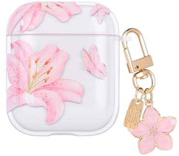 DiyGody Transparent Case Compatible for Airpods 1/2 Generation with Flower Pendant, Cute Cover with Pink Lily Flower Pattern for Women Girls, Protective Case in Shockproof Anti-scratches Anti-slip TPU