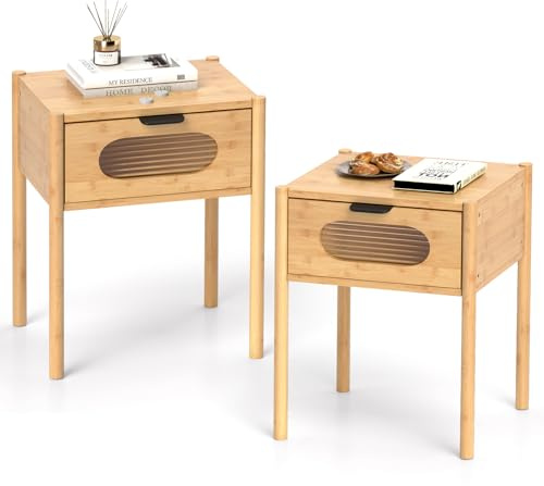 COSTWAY Table de Chevet en Bambou Lot de 2, Table de Nuit Boho avec Tiroir en Verre Trempé, Chevet de Lit sur Pieds pour Chambre, Salon, Naturel (2,1 Tiroir)