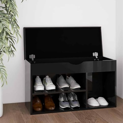 Zentexion Scarpiera con cuscino, colore nero lucido, 80 x 30 x 47 cm, in legno con vano portaoggetti, scarpiera per corridoio, corridoio e camera da letto
