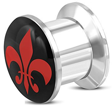 BlackAmazement Plug Flesh Tunnel Inlay Piercing 316L Edelstahl Fleur De Lis Lilie rot schwarz Damen Herren (08 mm - 1 Stück)