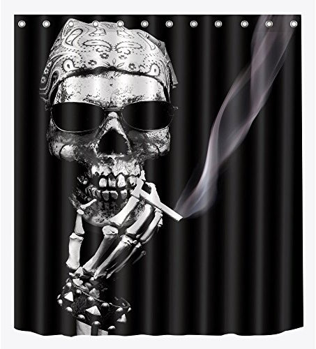 Rideau de douche en polyester antibactérien et résistant aux moisissures avec crochets motif tête de mort, Polyester, 12, 180x200