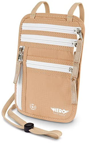 Portefeuille Tour de Cou Hero – Porte-Passeport avec Blocage RFID – Pochette de Voyage Facile à Dissimuler, Beige, One_Size, Portefeuille RFID