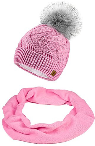 MFAZ Morefaz Ltd Set Mütze & Schal Damen Winter Beanie Strickmütze Zickzack Wurm Fleece Bommel Pom Pom (Rosa Set Mütze & Schal)