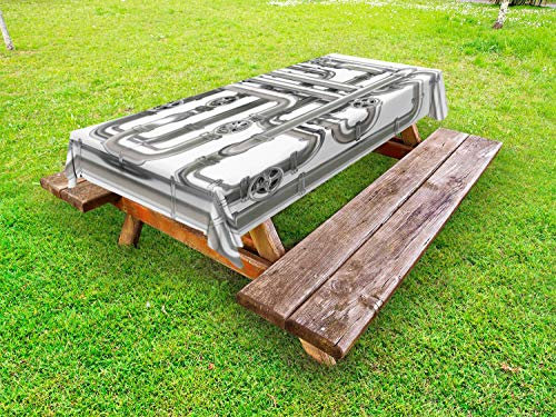 ABAKUHAUS industriell Outdoor-Tischdecke, Maze of Pipes, dekorative waschbare Picknick-Tischdecke, 145 x 305 cm, Grau und Weiß