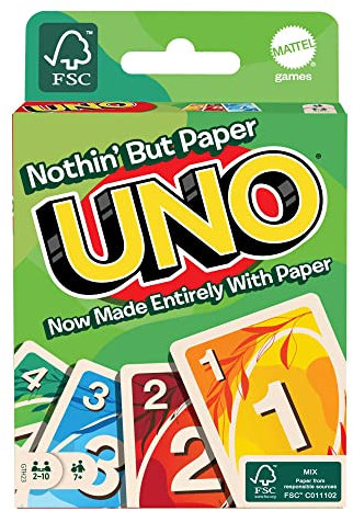 Mattel Games GTH23 - UNO 100% Papier Kartenspiel für die ganze Familie mit 112 Karten, Spieleabend mit der Familie, für Spieler ab 7 Jahren