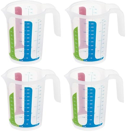 MiraHome 4er Set bunt – 4 Messbecher mit 500ml – bruchsichere Kunststoff-Messbecher für Küche – Skala für ml/L, Cups & Gramm für Zucker/Mehl – Austrian Quality