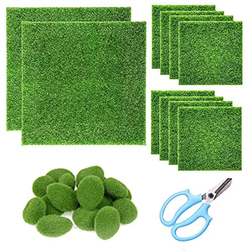 Cayway 26 Stück Künstliche Rasen Miniatur und Künstliche Moosfelsen Dekorative, 2 Größe Stück Kunstrasen Rasen, Grüne Moosbälle Künstliche Moos Steine, Blumenschere für Miniatur-Ornament, Garten