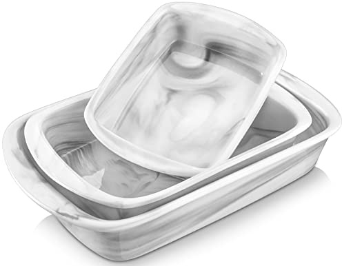 MALACASA Série Bake,Lot de 3 Plats à Four Rectangulaire en Porcelaine Marbre - 3200ml/2200ml/1200ml - Moules allant au four - Moules à Pâtisserie Résistants Moules à Soufflé