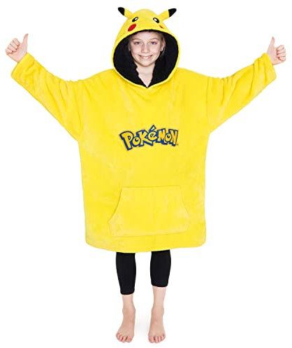 Pokemon Oversize Hoodie Jungen Decke mit Ärmeln und Kapuze, Pikachu Fleece Blanket Hoodie Pullover (Gelb/Schwarzes Pikachu)