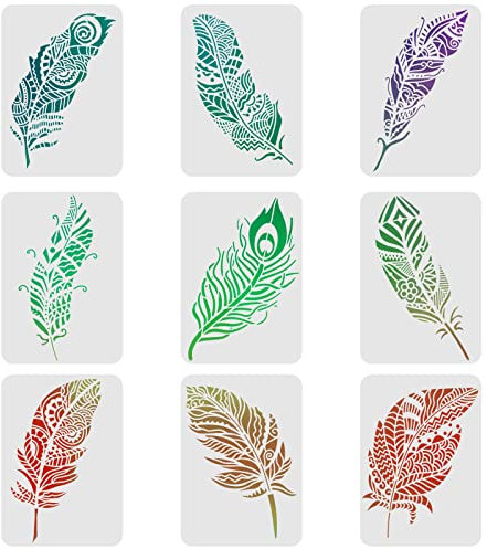 FINGERINSPIRE 9 Stück Mandala Feder Schablonen 29,7 x 21 cm Groß Feder Zeichen Malvorlagen Set Kunststoff Malschablonen, Federvorlagen Sets zum Malen auf Holz, Boden, Wand und Fliesen