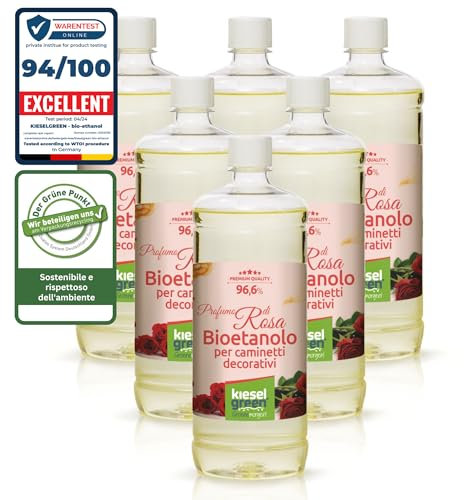 KieselGreen Bioethanol 6 x 1 Liter mit Duft für Ethanol-Kamin, viele Sorten - Bio Ethanol als Raumduft in vielen Duftnoten - Parfüm für Bio Ethanol Kamin Indoor oder Bioethanol Tischfeuer (Rosenduft)