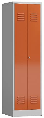 Lüllmann Spind Spint komplett montiert und verschweißt Stahl Kleiderschränke Gaderobenschrank Putzschrank 2 türig (RAL 7035/3000 lichtgrau/feuerrot)