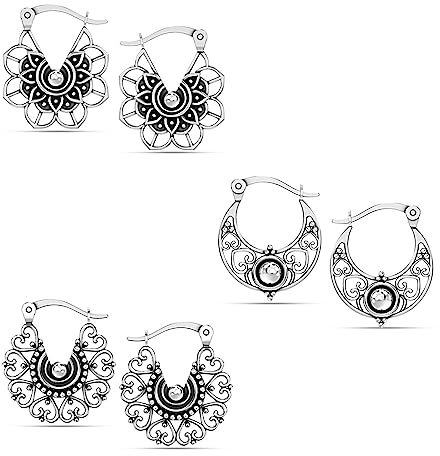 LeCalla Kleines Set aus 3 Paar antiken filigranen Creolen aus 925er Sterlingsilber für Damen und Teenager