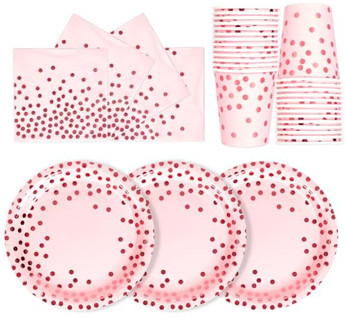 PYAILI Anniversaire Vaisselle de fete 72 Pièces Or Rose Poudré Party Assiettes en Papier Set Assiettes de Fête Jetables Papier Tasses Serviettesr, pour Barbecue les Fêtes les Pique-niques -24 Invités