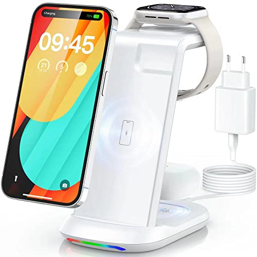 3 in 1 Ladestation iWatch und iPhone, Wireless Charger mit 18W Fast-Charging für iPhone 14/13/12/11 Pro Max/X/Xs Max/8/8 Plus, iWatch 7/6/5/SE/4/3/2, AirPods 3/2/pro & Samsung und Qi Fähige Handy