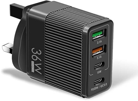 4-in-1 PD 36W USB Plug Charger UK Portable Mains Wall Socket Adapter 2 Type C and 2 USB Ports, USB Outlet Plug Smart IC Technology for iPhone, Samsung, Xiaomi, Huawei, HTC, iPad, Smartphones, Tablets