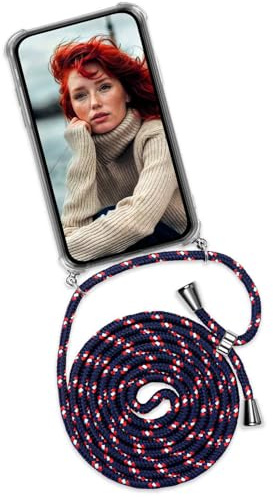 ONEFLOW Handykette für Samsung Galaxy M53 5G Hülle mit Band, Handyhülle mit Kette abnehmbar, Handyband zum Umhängen, Handy Umhängeband Lange Handykordel, Twist Case – Blau Weiß Rot