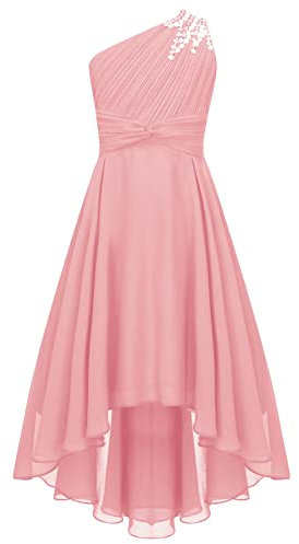 TiaoBug Abito da Bambine Ragazze Vestito Chiffon Tulle Senza Maniche con Orlo Asimmetrico Vestiti Bambina da Festa Principessa Perline Festa Matrimonio Vestito Monospalla Rosa 13-14 Anni