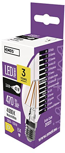 EMOS LED Lampe Edison Candle, 3,4W Ersatz für 40W Glühbirne, klare Vintage-Glühlampe mit E14 Sockel, Helligkeit 470 lm, Neutralweiß 4000 K, 25000 h Lebensdauer, CRI min. 80, 320° Abstrahlwinkel