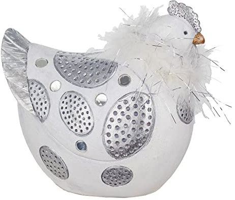 ROCKING GIFTS Dekofigur Henne aus silbernem und weißem Harz mit Federn, rustikale Innendekoration, Garten und Balkon, 20 cm