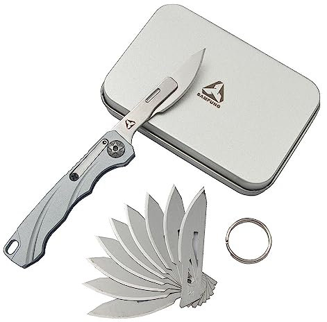 SAMFUNG Coltello ad uso pieghevole con anello a chiave e 10 lame intercambiabili a cambio rapido, Ultra compatto e leggero (Grigio)
