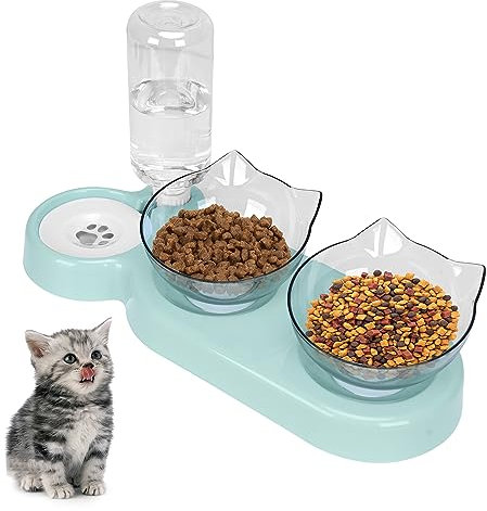 Tilted 15° Cat Bowl, Detachable Adjustable Cat Food Bowl with Stand, Cat Floating Water Bowl with Gravity Water Feeder, Anti-spill Pet Food Feeding Bowl for Cat and Puppy (green)