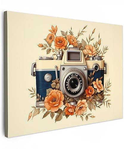 MuchoWow© Impression sur Toile Decoration Murale Peinture 70x50 cm Tableaux Decoratifs Muraux Décoration Chambre Vintage - Appareil photo - Fleurs - Beige - Orange