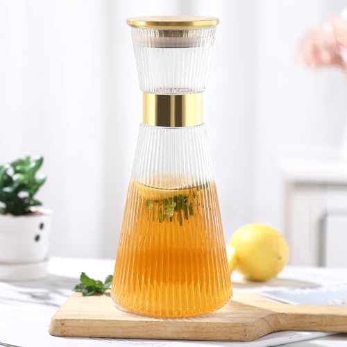 DUJUST Ribbed Glass Carafe with Gold Lid (1,247.4g), Elegant Water Carafe with Gold Decor, Crystal Glass Carafe, with Thickened Base, for Juice, Milk, Tea, Food Grade Silicone