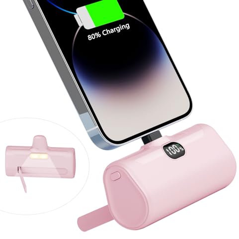 LUCKYDUO Mini Portable Charger for iPhone,5000mAh Ultra Compact Small Power Bank Built-in Phone Holder and LED Light,LCD Display Battery Pack for Travel,Compatible with 14/13/12/11/XR/SE/8/7 Pro Max