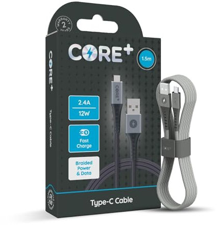 CORE + | 1.5M USB C to USB A Smartphone Charger Cable 12W | Fast Charging | Compatible with Compatible with iPhone 15 Pro/Max, Macbook, Samsung, Google Devices | Includes Cable Tidy (1 x 1.5M)