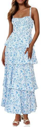Fisoew Womens Floral Maxi Dresses Spaghetti Strap Casual Sleeveless Ruffle Flowy Tiered Dress Blue