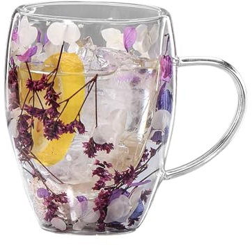 Samuliy Taza De Café Aislada con Flores Secas | Taza De Cristal De Doble Pared con Mango Anti Escaldado