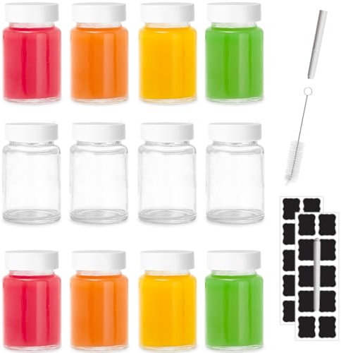 HYCKee 12 Pack 2oz/60ml Shot bottles with lids for juice,Glass Small Ginger Shot Bottles, Travel Portable Mini Bottles with Wide Mouth, Leakproof, Dishwasher Safe