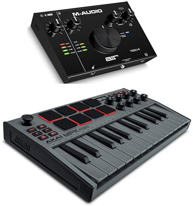 Recording Studio Package - Akai Professional MPK Mini MK3 USB MIDI Keyboard Controller and M-Audio AIR 192I4 Audio Interface, with Production Software, grey
