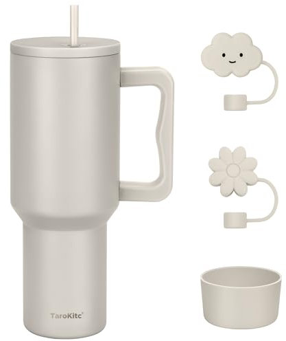 40 oz Insulated Tumbler with Handle and lid, Vacuum Double Walled Stainless Steel Travel Mug, Fits for car Cup Holder, Leak Proof, Keep Beverages Cold for 30 Hours (Beige + 2 Straw Covers)